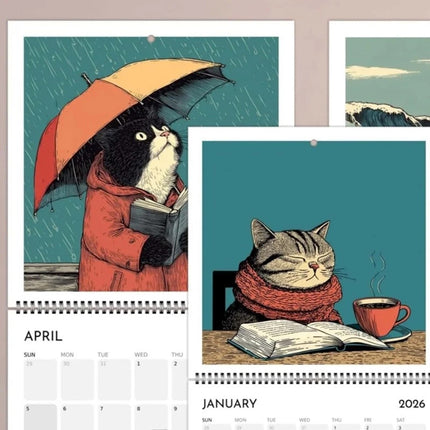 Cats Chillin' with Books Wall Calendar 2026 Cat-Themed Illustrations Planner