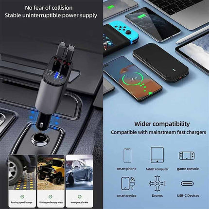 USB Car Charger 4 in 1 Car Charger Adapter Fast Charging with Type C+ For iPhone