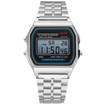 Retro Square LED Electronic Wrist Watch, Steel Metal Band, Harajuku‑Style Multifunctional Digital Watch