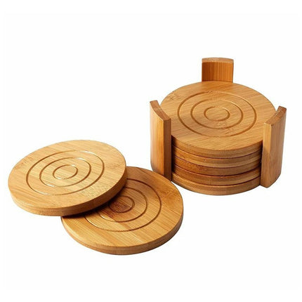 Set of 6 Round Bamboo Coasters with Storage Holder – 11.5cm Cup Mats for Tea & Coffee