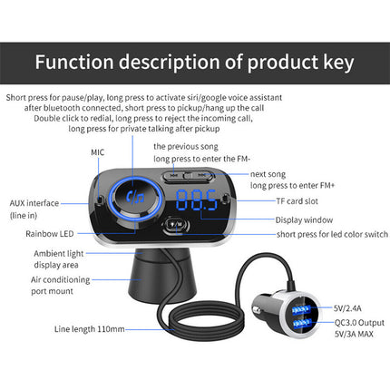 Handsfree Wireless Bluetooth 5.0 FM Transmitter Car Radio MP3 Player USB Charger