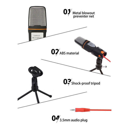 Desktop Condenser Microphone 3.5mm Jack Stand Recording Mic with Tripod For PC
