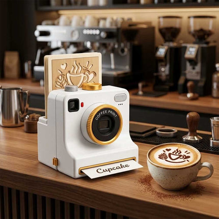 3D‑Printed Latte Art Camera, Coffee Powder Decorator with Interchangeable Stencil Cards