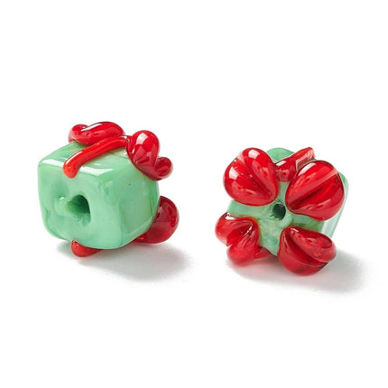 10Pcs Christmas Green Gift Box Shaped Lampwork Glass Beads, DIY Jewellery Making Accessories