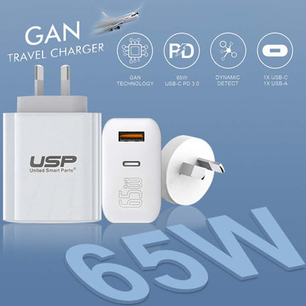 65W GaN Charger QC 3.0 PD Fast Adapter Type-C AU Plug MacBook Laptop iPad Phones