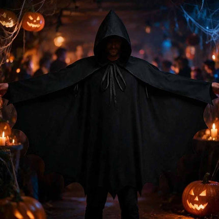 Black Gothic Hooded Cape, Medieval Halloween Bat Cosplay Cloak Costume