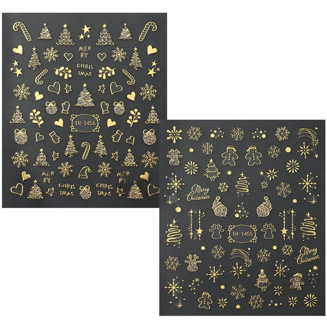 2 Sheets Christmas Gold Self-Adhesive Nail Art Stickers Manicure Decor Decals