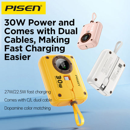 Pisen PowerPix 30W Power Bank 10000mAh with Built-in Cable, CCC Certified, White