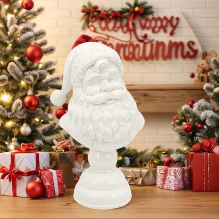 Christmas Tabletop Santa Bust Decoration - 15cm White Resin Santa Claus Head Statue