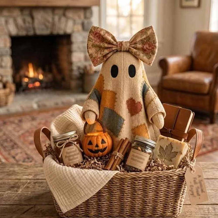 Lighted Patchwork Ghost with Pumpkin Lantern Vintage Halloween Decor 10CM