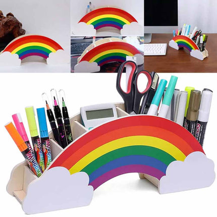 Rainbow Wooden Desk Organiser, DIY Pen & Pencil Holder with Phone Storage Compartment