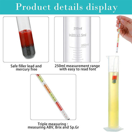 One Set Triple Scale Alcohol Hydrometer and Test Jar for Home Brew Wine