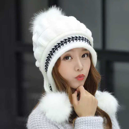 Women’s & Kids’ Knitted Beanie with Ear Flaps and Pom-Pom – Warm Winter Ski Cap, White