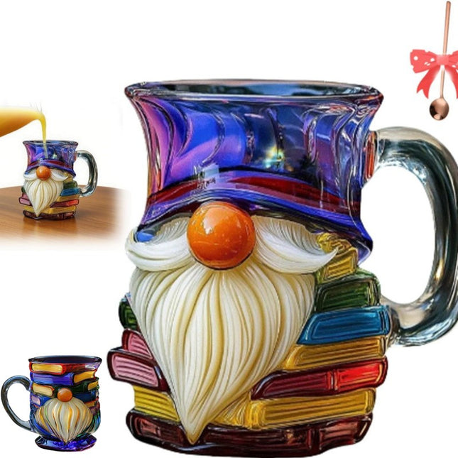 Glass 3D Painted Gnome Book Mug  Stack Coffee Cup Novelty Room Home Decor