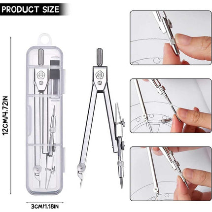 Premium Metal Drafting Compass, Reusable Geometry Drawing Tool with Refillable Leads