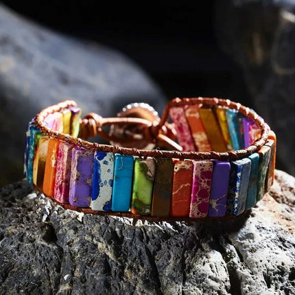 7 Chakra Bracelet Handmade Natural Stone Tube Beads Leather Wrap Women Bangle