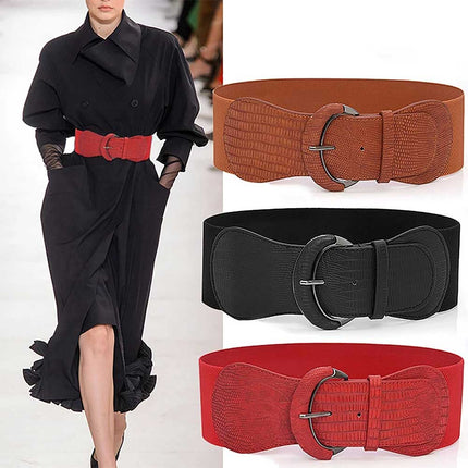 Women Ladies Faux Leather Wide Stretch Elastic Buckle Cinch Waist Wide Belt 85CM