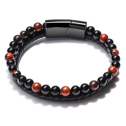 Me Natural Tiger Eye Stone Beads Bracelet Matte Black Onyx Leather Bracelet 23CM