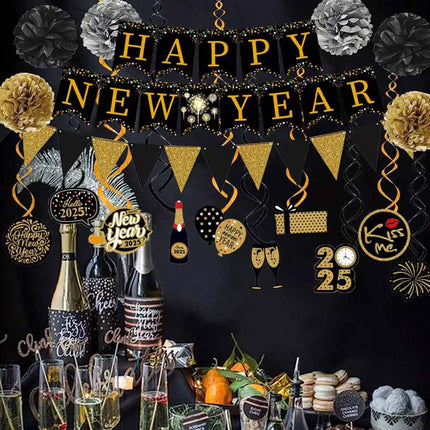 New Years Eve Decorations 2025, 18Pcs Black Gold HAPPY NEW YEAR Party Banner Set
