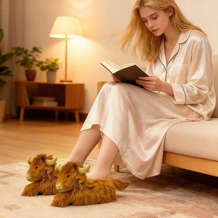 Highland Cow Slippers – Novelty Fluffy Plush Warm Animal Slippers (Adult & Kid Sizes)