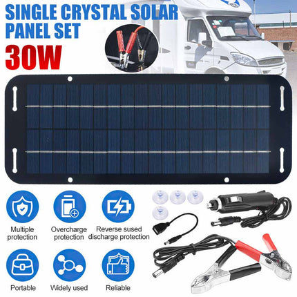 12V 30W Solar Panel Trickle Car Battery Charger Power Portable Waterproof Boat