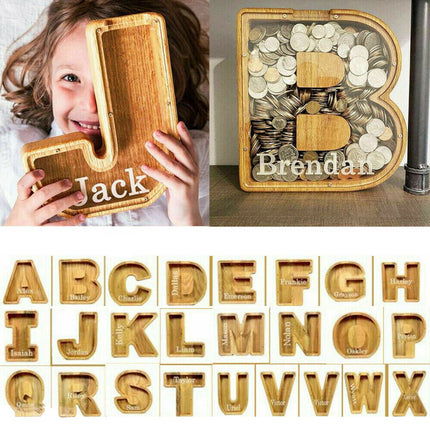 Wooden Piggy Bank Funny Letter/Alphabet Coin Saving Money Box Kids Adults Gift