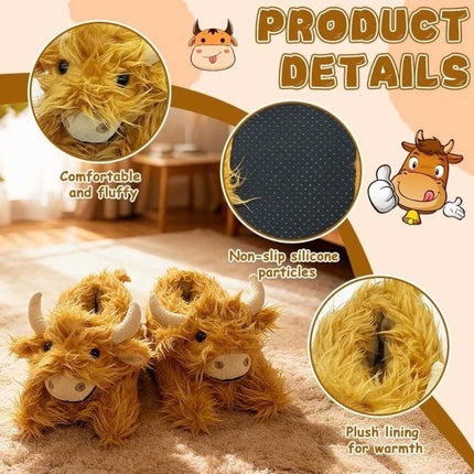 Highland Cow Slippers – Novelty Fluffy Plush Warm Animal Slippers (Adult & Kid Sizes)