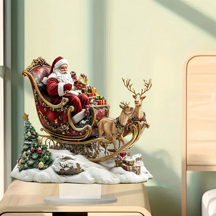 2D Santa Claus & Reindeer Sleigh Ornament, Flat Acrylic Material with Stand for Desktop Decor