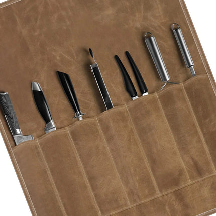 Khaki Canvas Kitchen Knife Roll Bag  Portable Storage Organizer for Chefs, Camping & Picnics