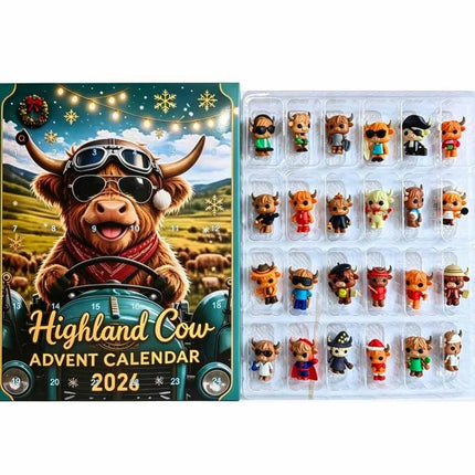 2026 Highland Cow Advent Calendar, 24‑Day Xmas Countdown Gift with Mini 3D Figurines