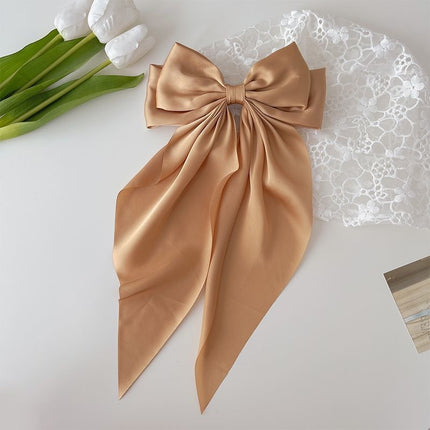 Korean Style Long Satin Bow Hair Clip, Premium Fabric Zinc Alloy Spring Barrette, Elegant Hair Accessory for Women & Girls