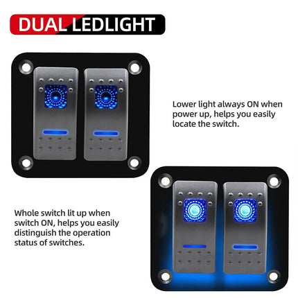 2 Gang Rocker Switch Panel Blue LED Waterproof Car Marine Boat RV 12V 24V