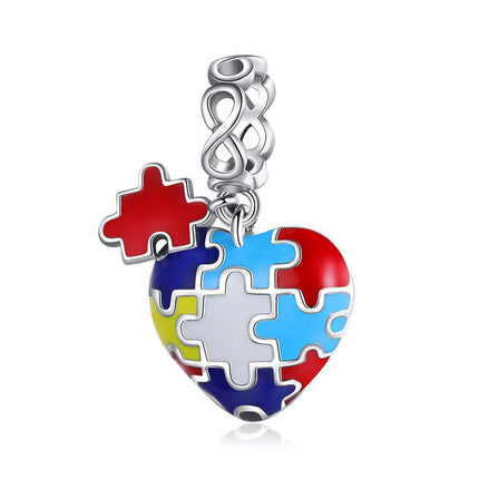 Autism Awareness Heart Puzzle Charm For European Bracelets S925 Sterling Silver