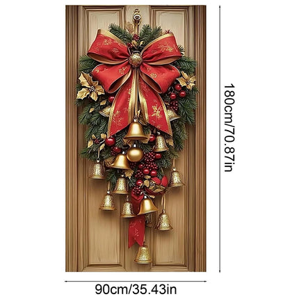 180*90cm Christmas Cloth Door Cover，Bells Wreath Ornament for Wall Festival Party Decoration