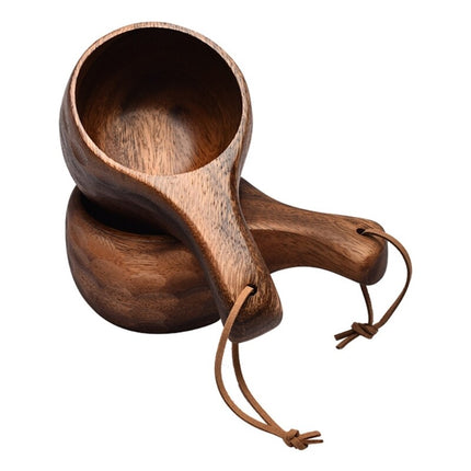 Portable Wooden Coffee Mug with Acacia Handle & Cowhide Lanyard Hook