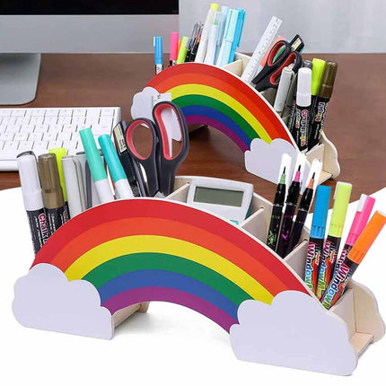Rainbow Wooden Desk Organiser, DIY Pen & Pencil Holder with Phone Storage Compartment