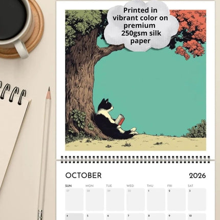 Cats Chillin' with Books Wall Calendar 2026 Cat-Themed Illustrations Planner