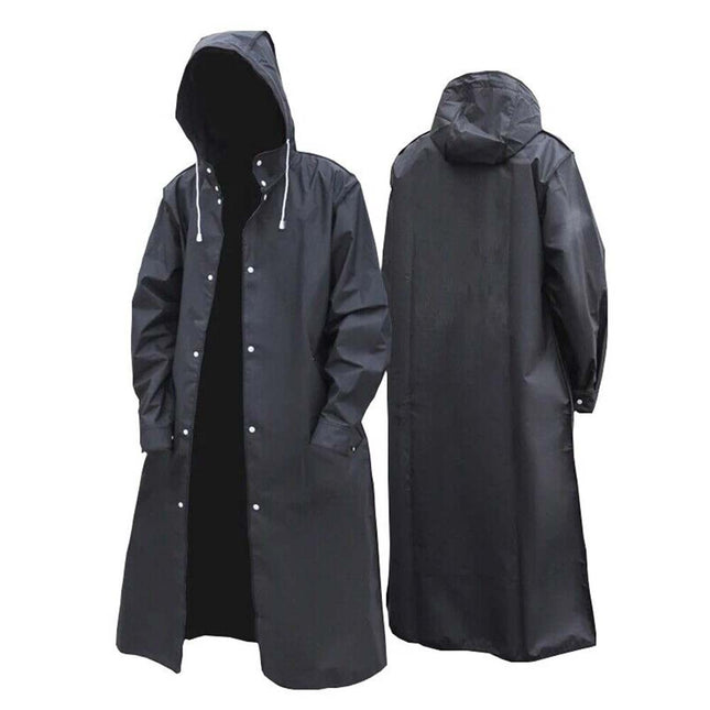 Mens Waterproof Long Raincoat Rain Coat Black Hooded Trench Jacket OutdoorHiking