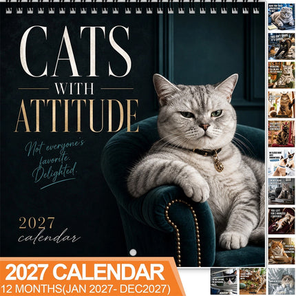 Cats With Attitude 2027 Wall Calendar, Funny Sassy Cat Art Calendar, Perfect Gift for Cat Lovers