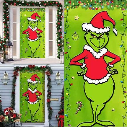 90*200cm Grinch Christmas Door Cover Decoration Grinch Green Merry Christmas Porch Sign