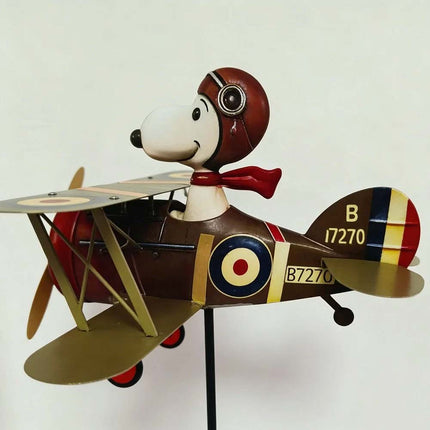 Cartoon Pilot Biplane Wind Spinner – Vintage Metal Windmill for Outdoor Garden & Yard Art Decor