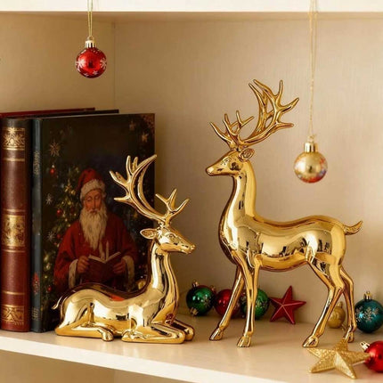 2Pcs Gold Reindeer Christmas Figurines - Indoor Holiday Decor Table Centerpieces
