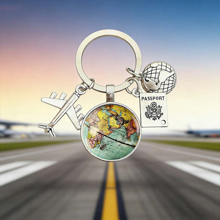 Traveller Keyring with World Globe, Airplane & Passport Charms Ideal Travel Gift for Wanderlust Enthusiasts