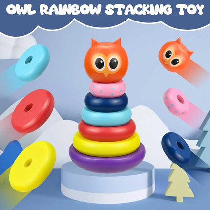 Wooden Owl Tumbler Stacking Rings, Rainbow Spinning Tower