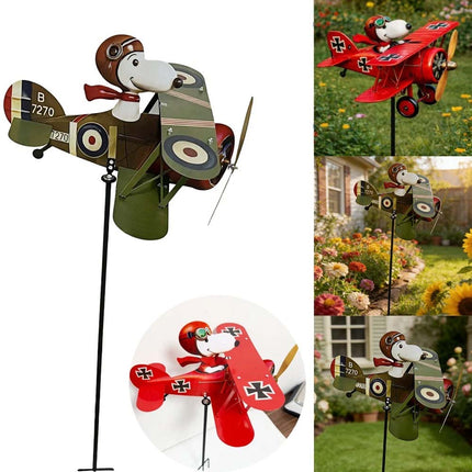 Cartoon Pilot Biplane Wind Spinner – Vintage Metal Windmill for Outdoor Garden & Yard Art Decor