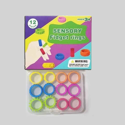 12 Pack Textured Silicone Fidget Sensory Rings with Storage Case & Color Box, Multicolor Stress Relief Toys