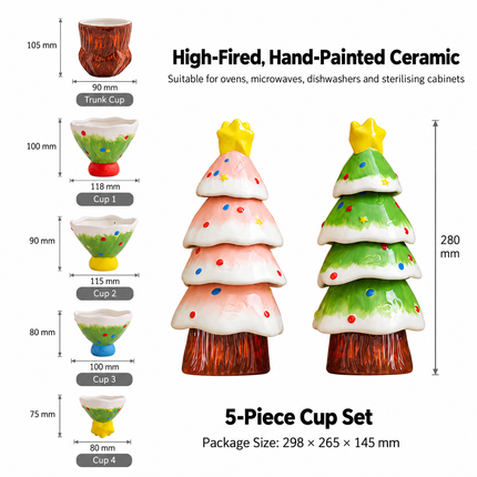 5‑Piece Christmas Tree Stackable Ceramic Tea Cup Set, Hand‑Painted Xmas Coffee Cups, Christmas Gift