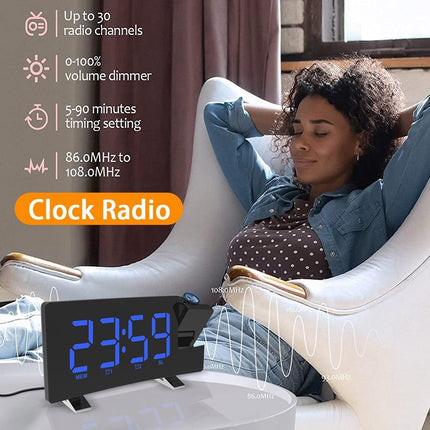LED Curved Screen Digital Clock, Radio Projection Wake Up Alarm Clock
