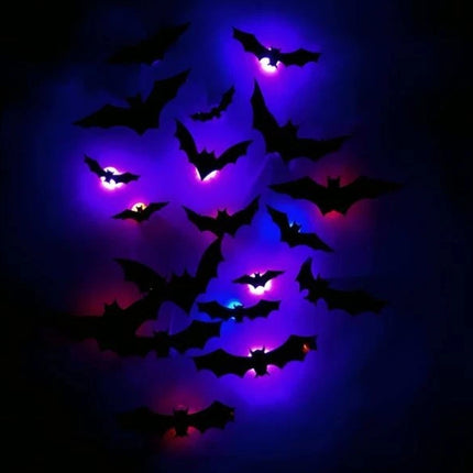 12/24PCS Halloween 3D Bat LED Night Light Wall Stickers – Glow in Dark Party Decor