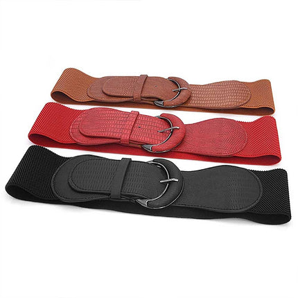 Women Ladies Faux Leather Wide Stretch Elastic Buckle Cinch Waist Wide Belt 85CM